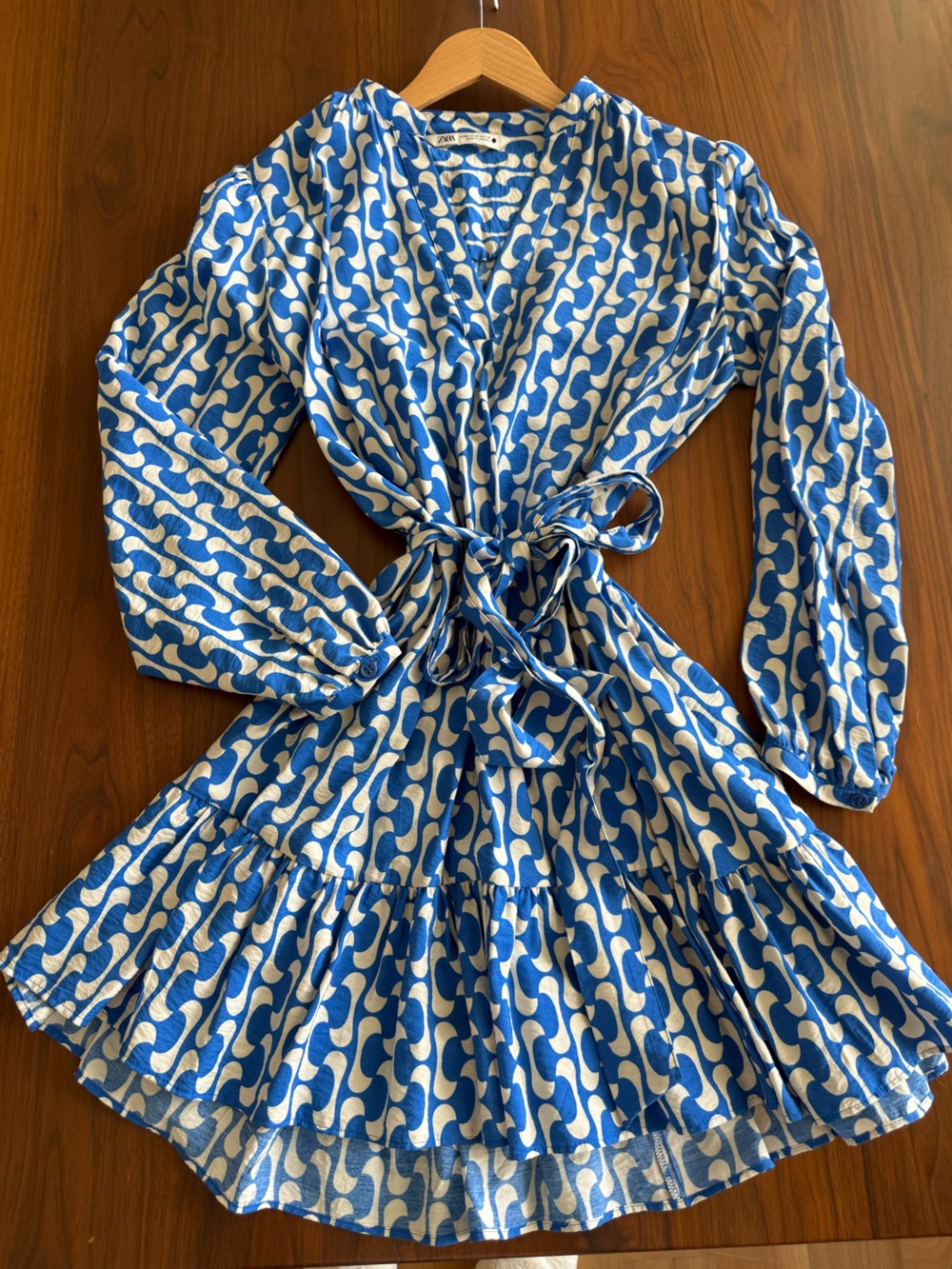 ZARA Paula  Blue and White Geometric Print Ruffle Mini Dress